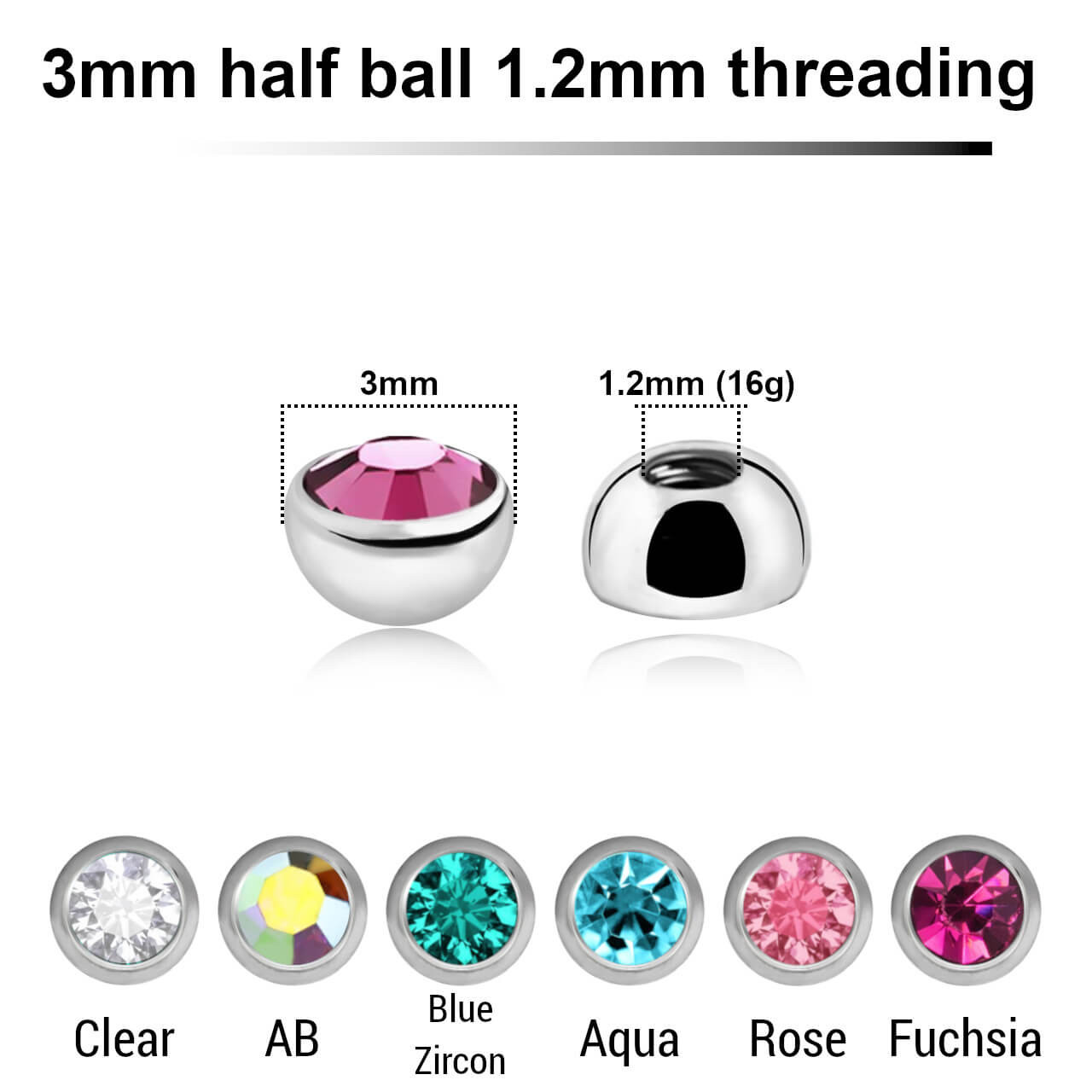 SYB12J3H Piercing studio supplies: Pack of 25 high polished 316L steel half balls with a 3mm diameter and a bezel set crystal, 1.2mm threading