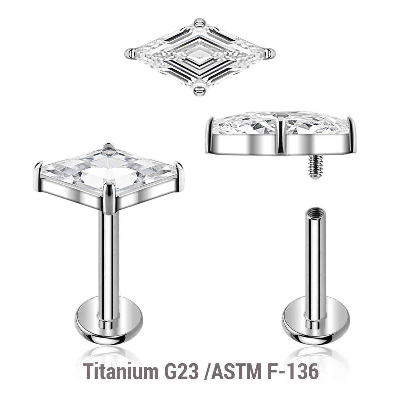 YLB12X02 Pack of 5 high polished titanium internally threaded labrets, Thickness 1.2mm, with 1 prong set Lozenge cut CZ stone