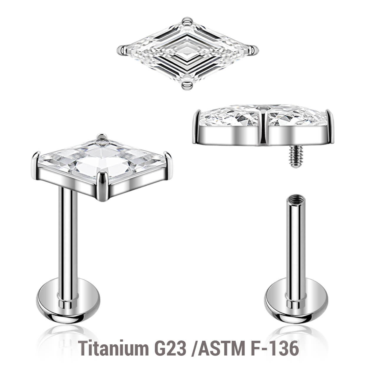 YLB12X02 Pack of 5 high polished titanium internally threaded labrets, Thickness 1.2mm, with 1 prong set Lozenge cut CZ stone