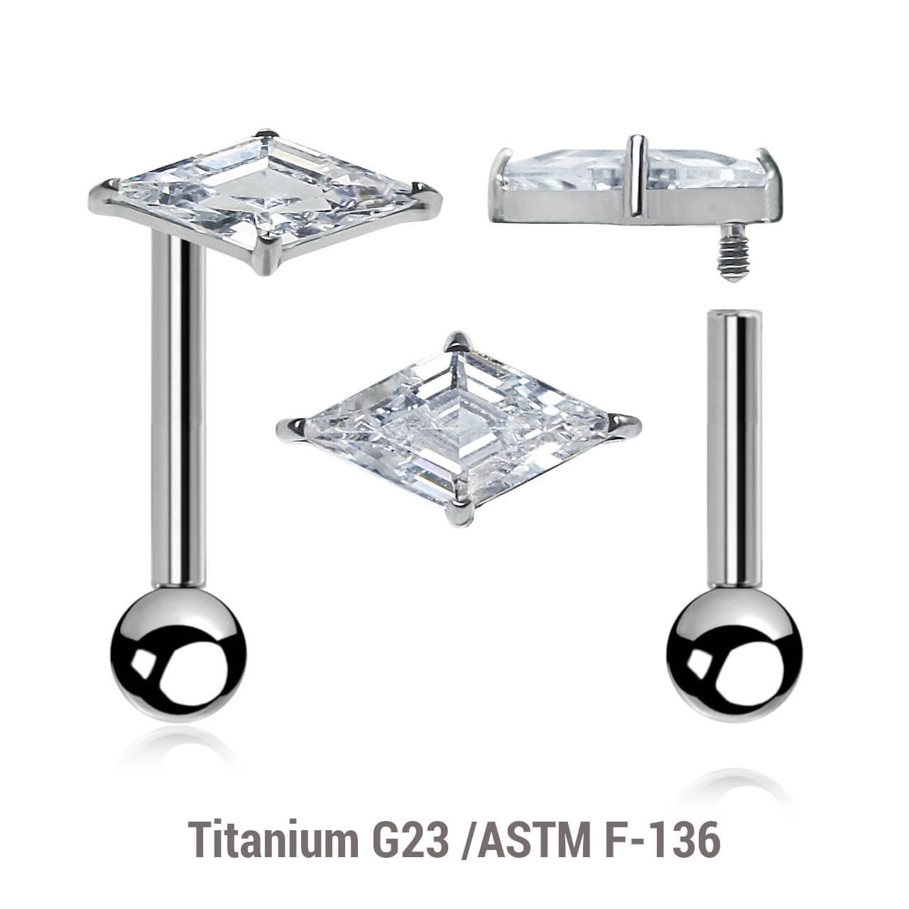 YBA12X02 Pack of 5 high polished titanium internally threaded tragus barbells, Thickness 1.2mm, with 1 prong set Lozenge cut CZ stone and a lower 3mm plain ball YBA12X02 Pack of 5 high polished titanium internally threaded tragus barbells, Thickness 1.2mm, with 1 prong set Lozenge cut CZ stone and a lower 3mm plain ball