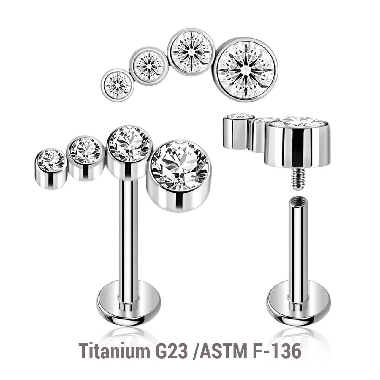 YLB12X05 Pack of 5 high polished titanium internally threaded labrets, Thickness 1.2mm, with elongated top with 4 bezel set CZ stones