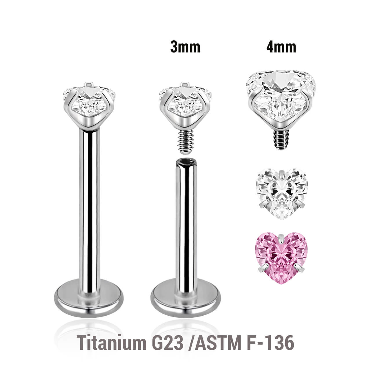 YLB12CZH Pack of 10 high polished titanium internally threaded labrets, Thickness 1.2mm, with a prong set heart shaped CZ stone