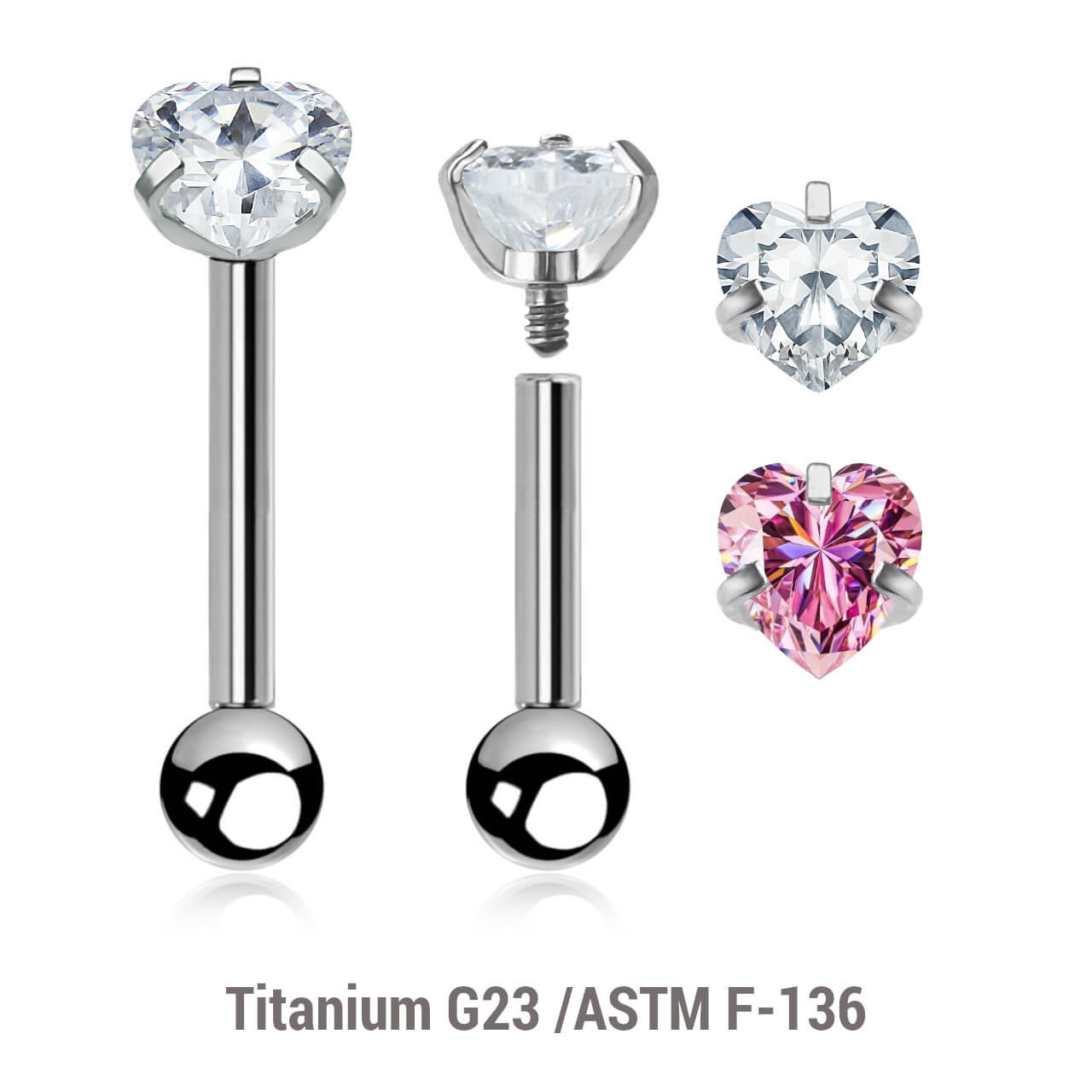 YBA12CZHS Pack of 5 high polished titanium internally threaded helix barbells, Thickness 1.2mm, with a prong set heart shaped CZ stones and a lower 3mm plain ball