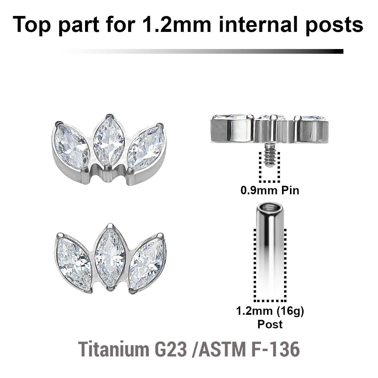 YTP12X03 Pack of 5 Titanium Internally threaded labret tops with 3 marquis cut prong set CZ stones, Thread size 0.9mm
