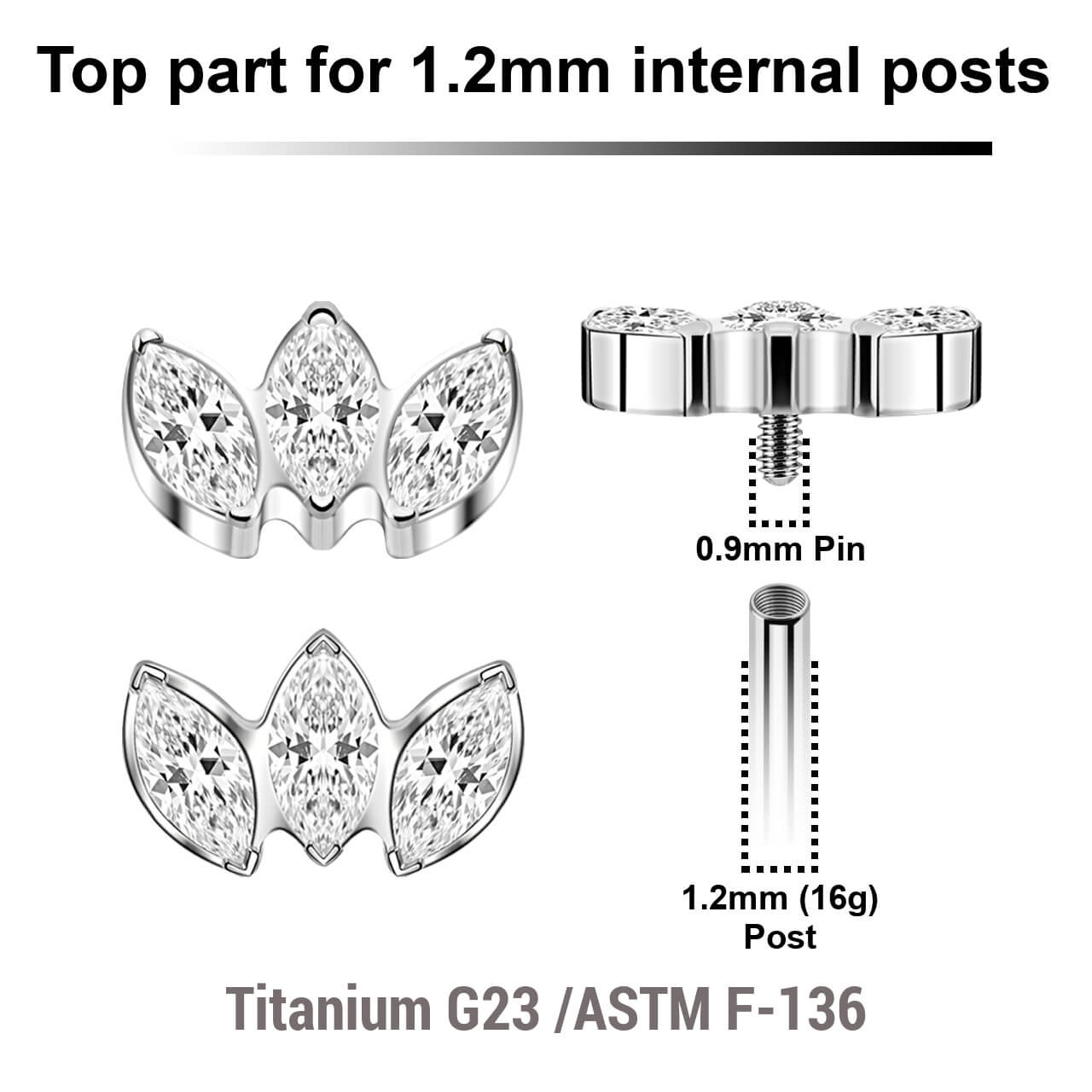YTP12X03 Pack of 5 Titanium Internally threaded labret tops with 3 marquis cut prong set CZ stones, Thread size 0.9mm