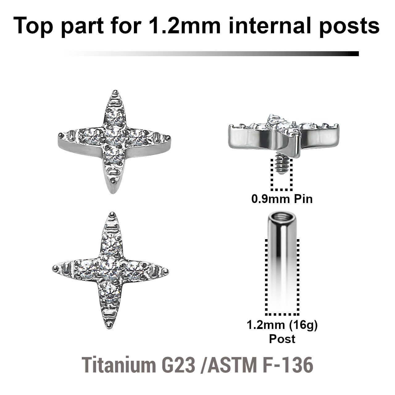 YTP12X06 Pack of 5 Titanium Internally threaded labret tops in cross shape with prong set CZ stones, Thread size 0.9mm