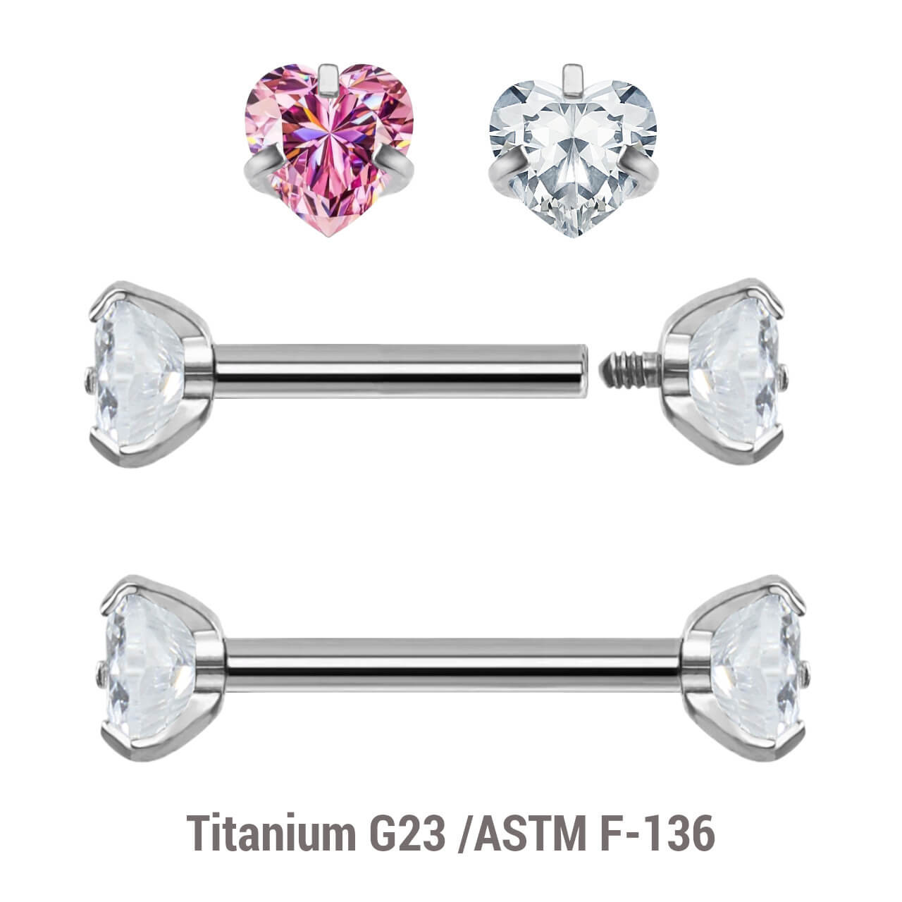 YBA12CZH Pack of 5 high polished titanium internally threaded helix barbells, Thickness 1.2mm, with two prong set heart shaped CZ stones