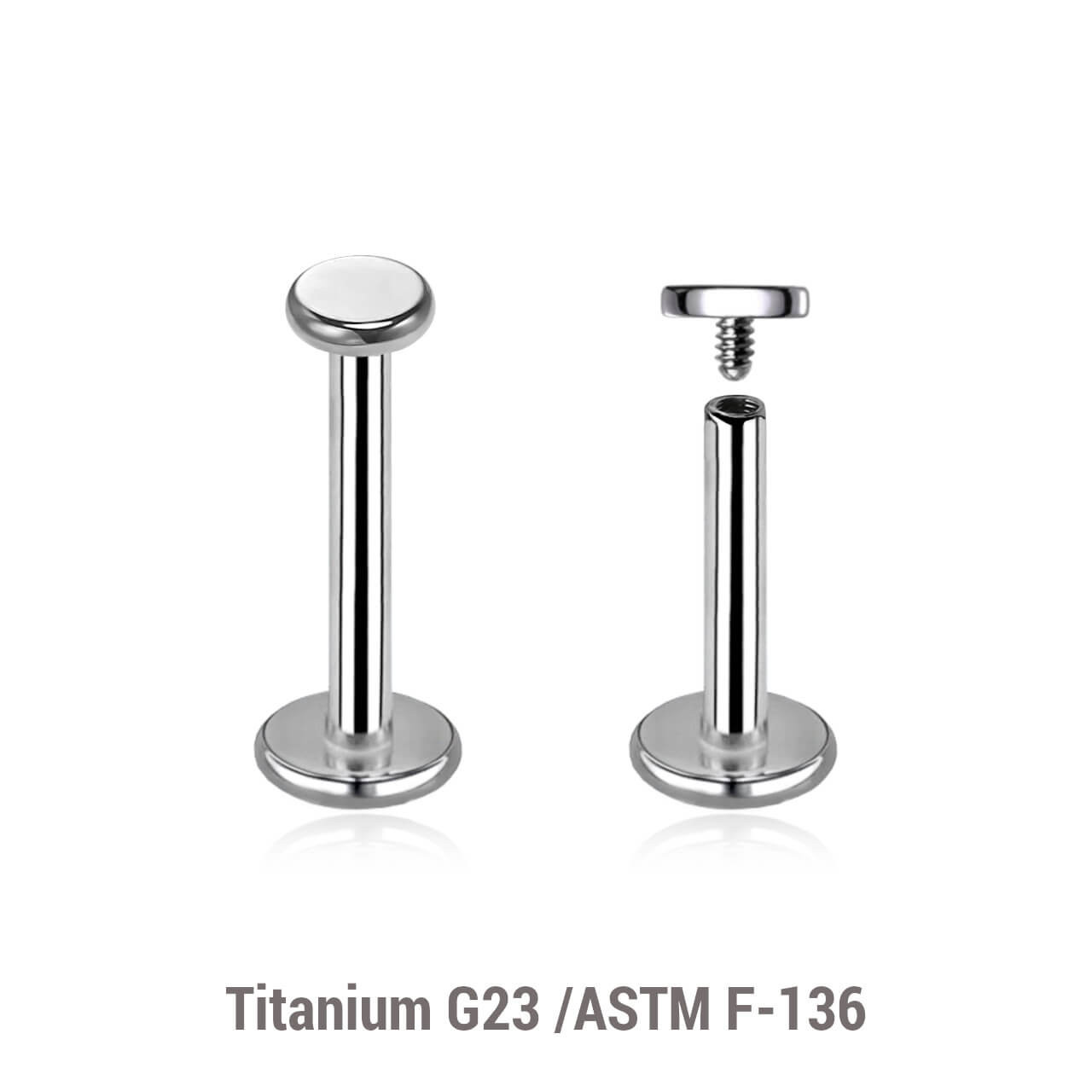 YLB12DI3 Pack of 10 high polished titanium internally threaded labrets, Thickness 1.2mm, with 3mm flat round disk tops