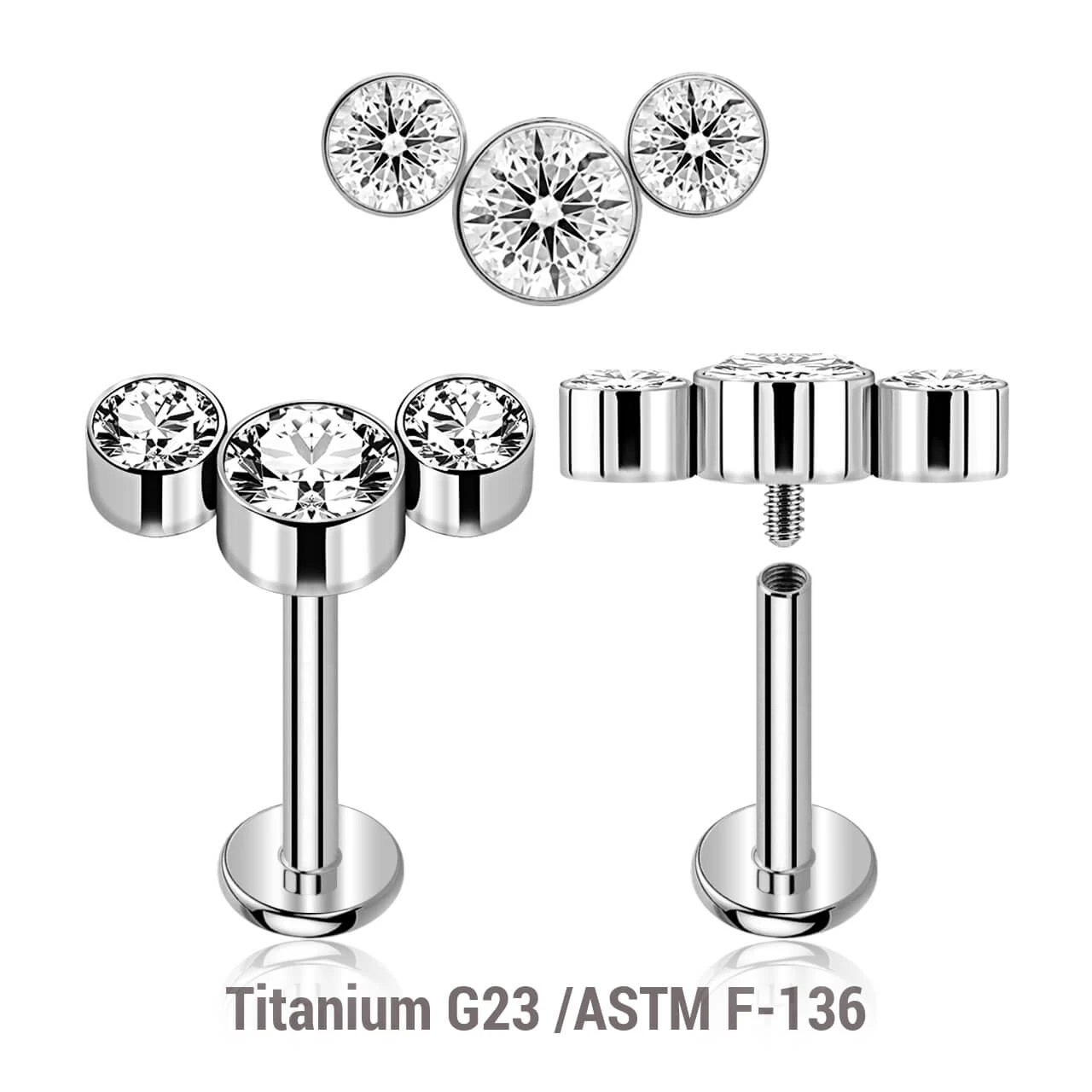 YLB12X08 Pack of 5 high polished titanium internally threaded labrets, Thickness 1.2mm, with an elongated top with three bezel set crystals