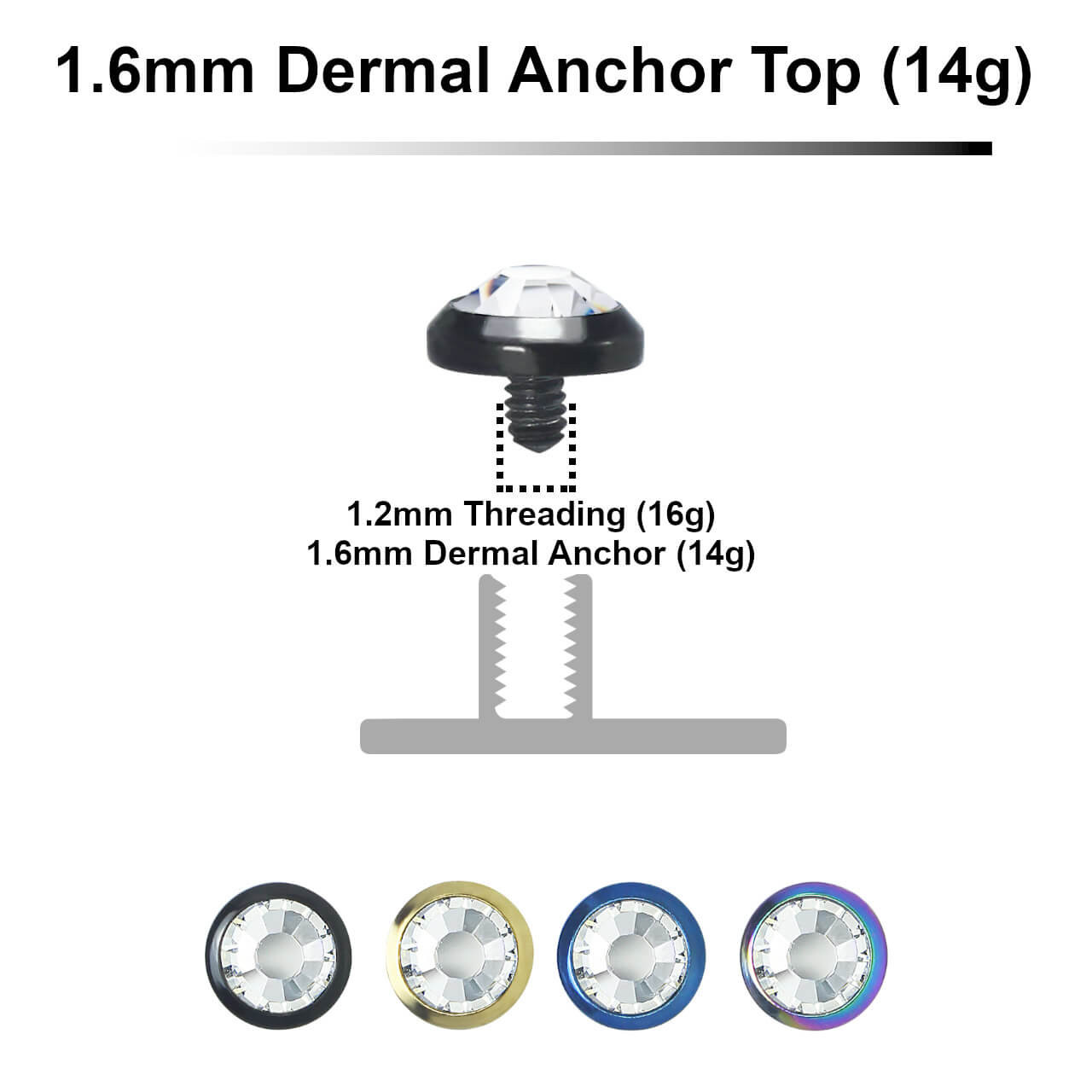 PDT14FJ4 Pack of 10 PVD plated 316L steel flat disk dermal anchor tops with bezel set crystal, size 4mm, internal thread size 1.2mm PDT14FJ4 Pack of 10 PVD plated 316L steel flat disk dermal anchor tops with bezel set crystal, size 4mm, internal thread size 1.2mm