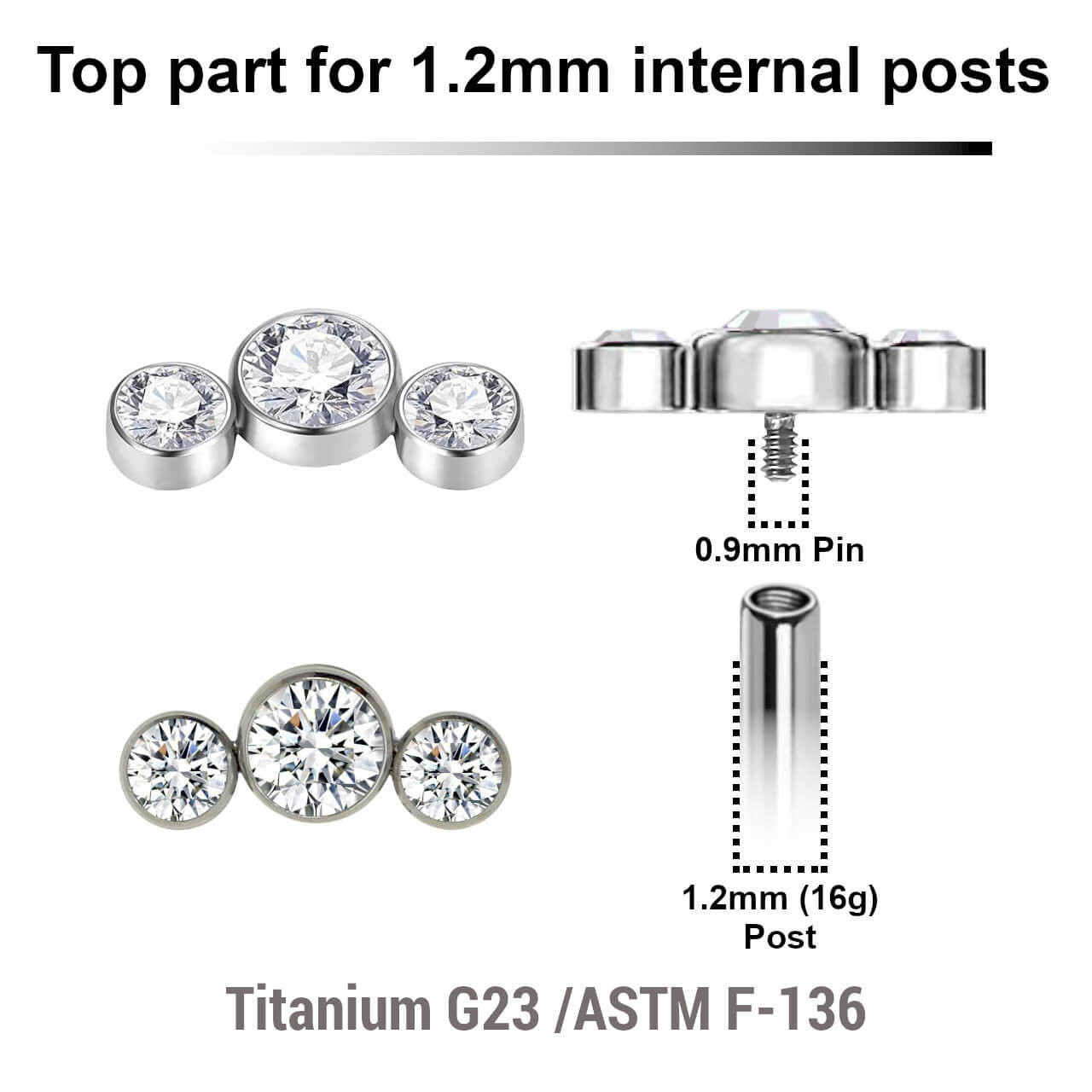 YTP12X08 Pack of 5 Titanium Internally threaded labret tops with a elongated top with 3 bezel set crystals, Thread size 0.9mm YTP12X08 Pack of 5 Titanium Internally threaded labret tops with a elongated top with 3 bezel set crystals, Thread size 0.9mm
