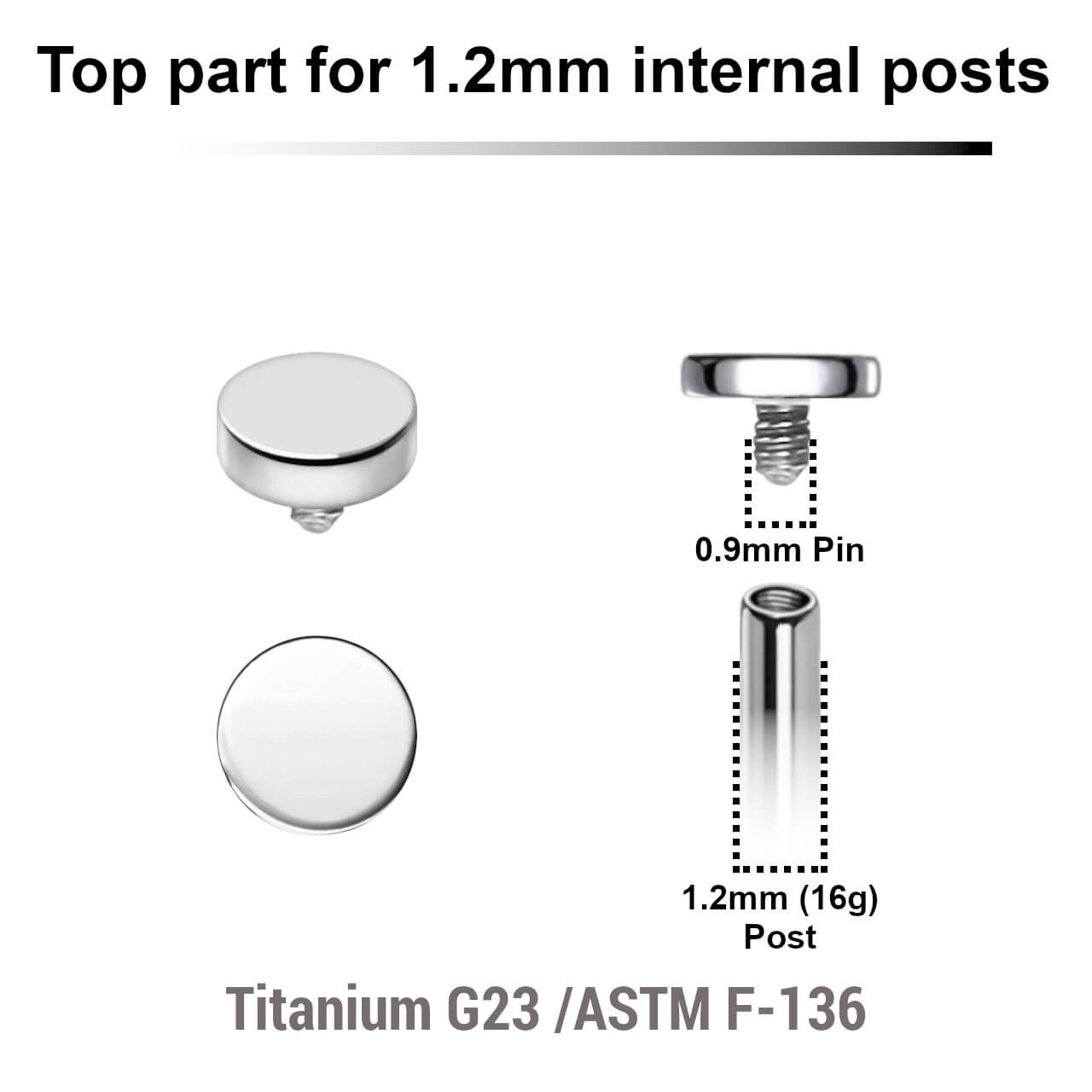 YTP12DI3 Pack of 5 Titanium Internally threaded labret tops in shape of a flat 3mm disk, Thread size 0.9mm