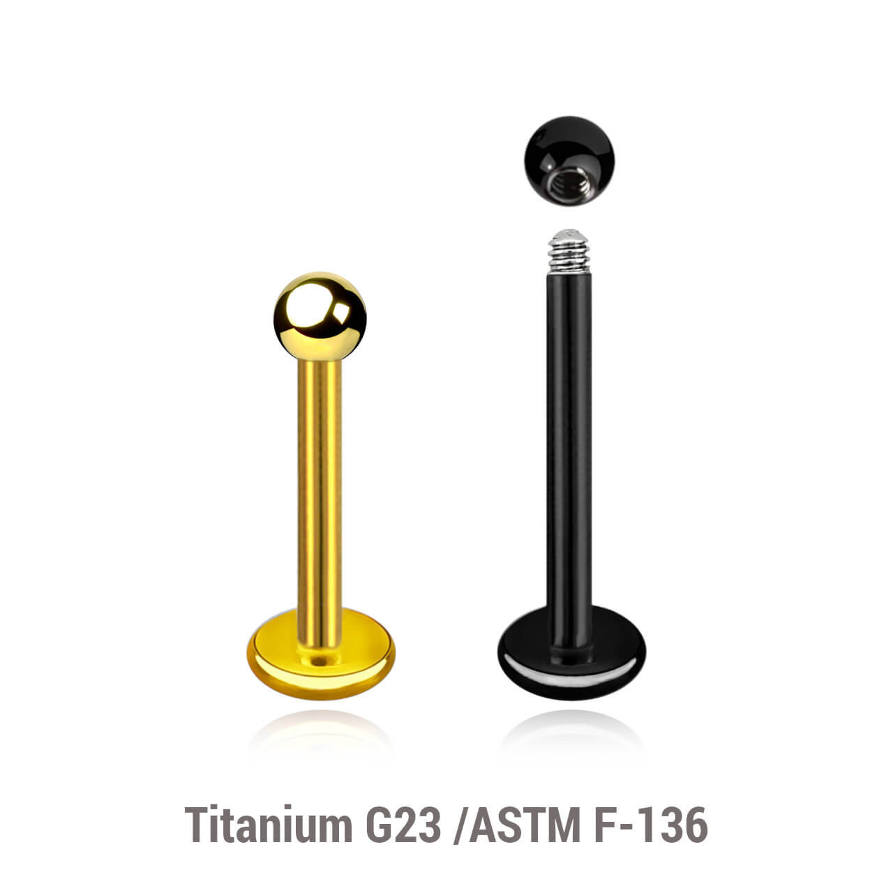 ELB12B25 Pack of 10 PVD plated titanium G23 labrets, Thickness 1.2mm, Ball size 2.5mm