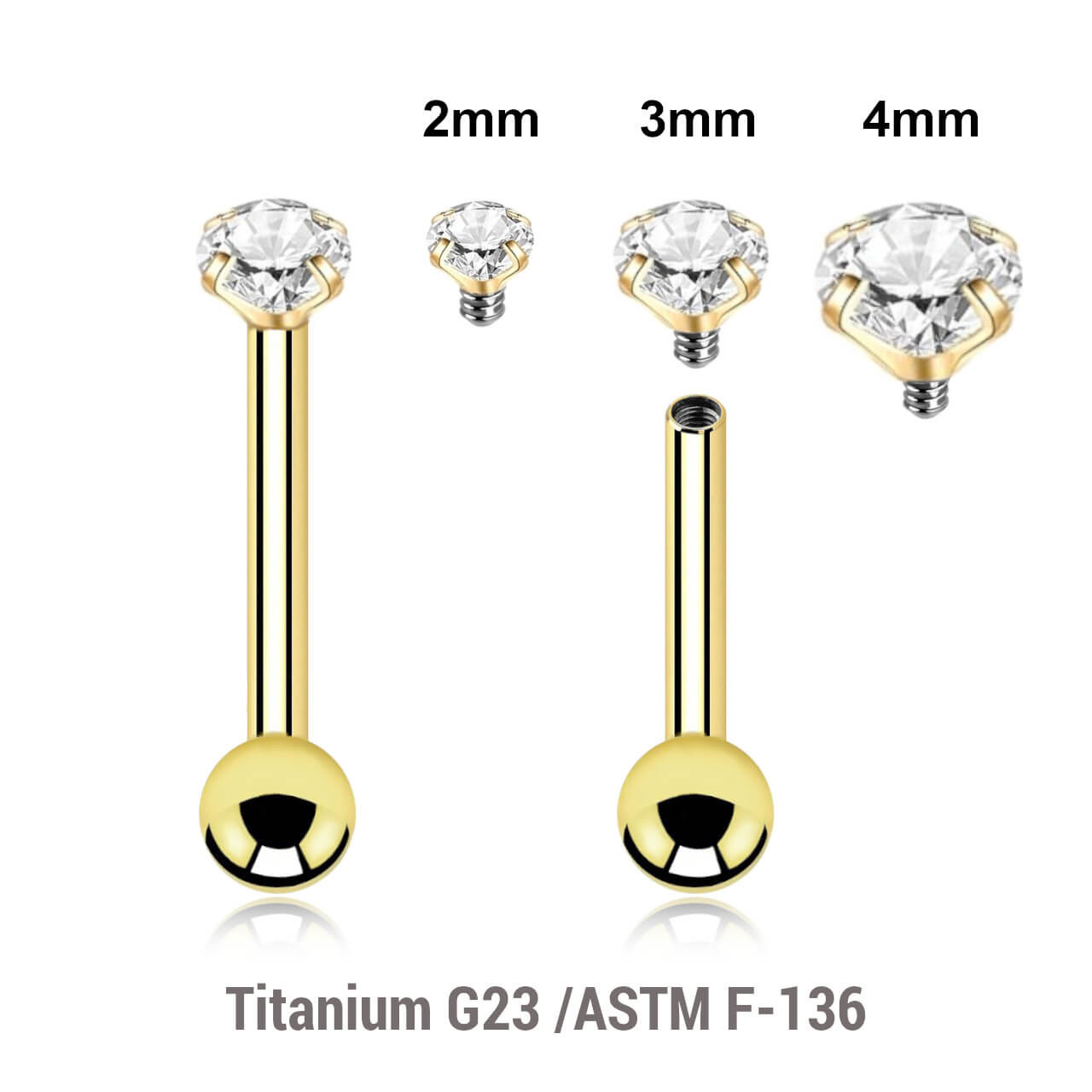 UBA12CZS Pack of 5 Gold PVD plated titanium internally threaded barbells, Thickness 1.2mm, with a top prong set CZ stone and a lower 3mm plain ball UBA12CZS Pack of 5 Gold PVD plated titanium internally threaded barbells, Thickness 1.2mm, with a top prong set CZ stone and a lower 3mm plain ball