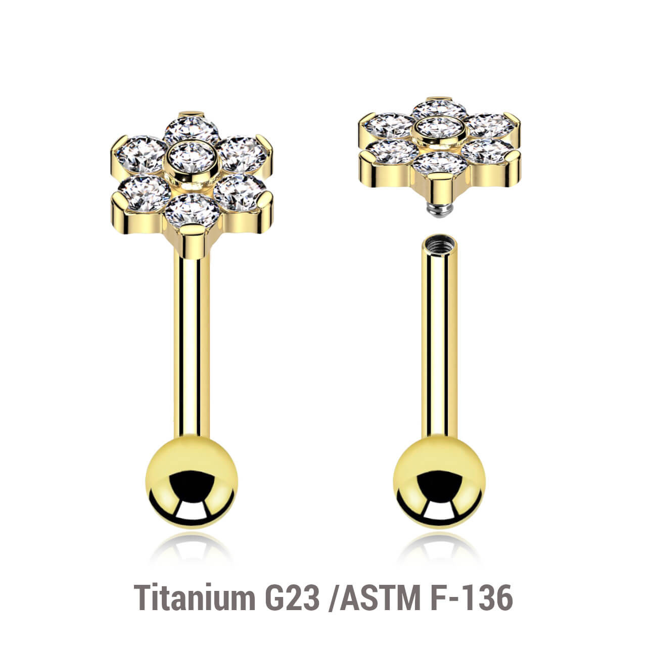 UBA12X01 Pack of 3 Gold PVD plated titanium internally threaded barbells, Thickness 1.2mm, with 5mm flower top with prong set CZ & a lower 3mm plain ball UBA12X01 Pack of 3 Gold PVD plated titanium internally threaded barbells, Thickness 1.2mm, with 5mm flower top with prong set CZ & a lower 3mm plain ball