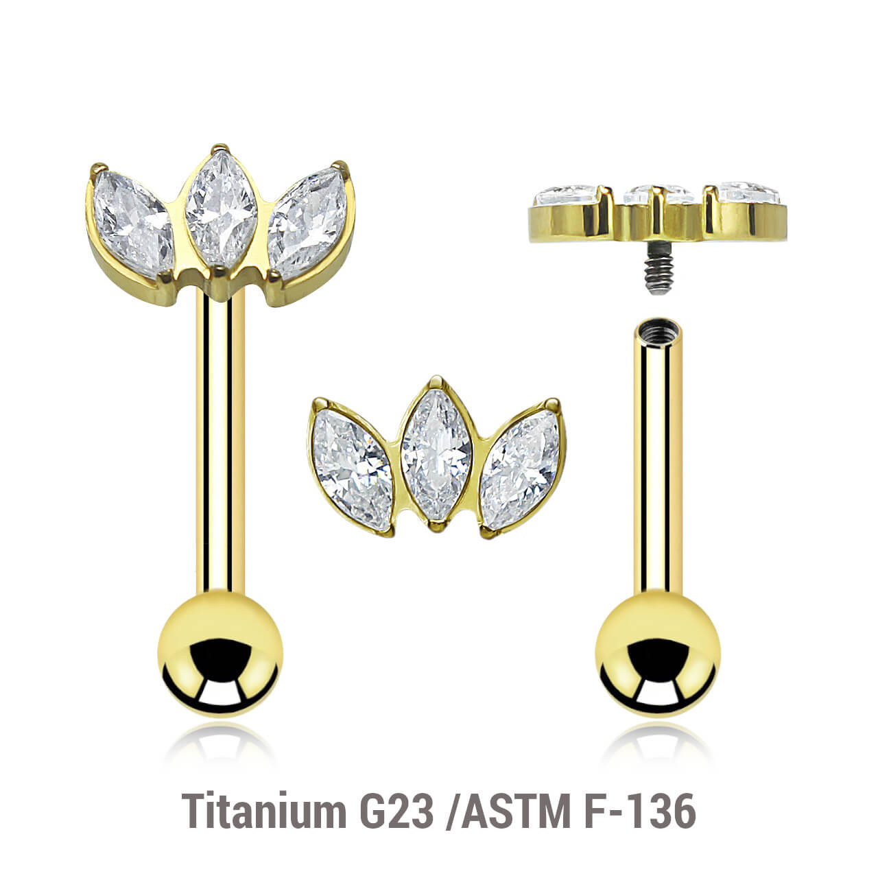 UBA12X03 Pack of 3 Gold PVD plated titanium internally threaded barbells, Thickness 1.2mm, with a top with 3 marquis cut prong set CZ stones and a lower 3mm plain ball UBA12X03 Pack of 3 Gold PVD plated titanium internally threaded barbells, Thickness 1.2mm, with a top with 3 marquis cut prong set CZ stones and a lower 3mm plain ball
