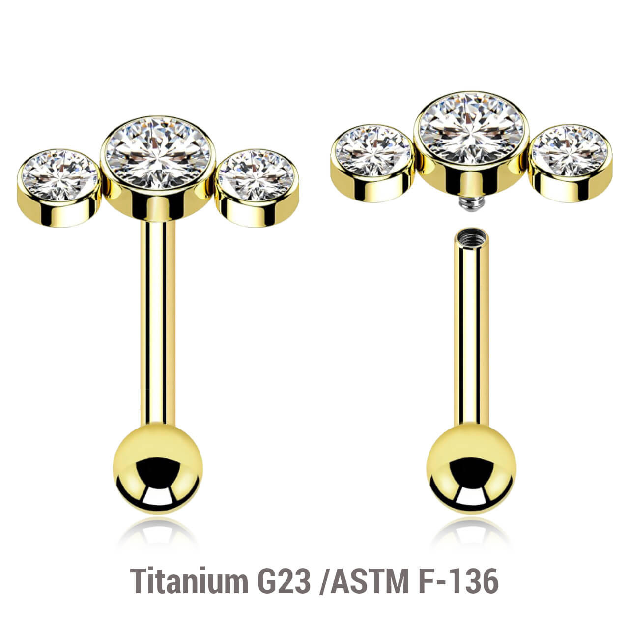 UBA12X08 Pack of 3 Gold PVD plated titanium internally threaded barbells, Thickness 1.2mm, with an elongated top with three bezel set crystals and a lower 3mm plain ball UBA12X08 Pack of 3 Gold PVD plated titanium internally threaded barbells, Thickness 1.2mm, with an elongated top with three bezel set crystals and a lower 3mm plain ball