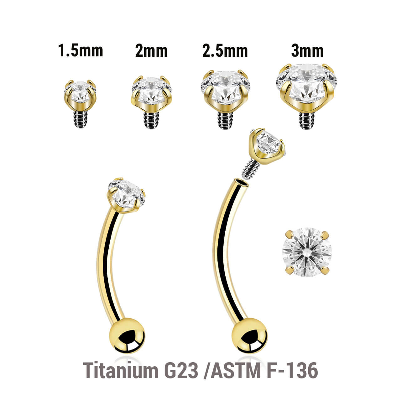 UBA12CZS Pack of 5 Gold PVD plated titanium internally threaded barbells, Thickness 1.2mm, with a top prong set CZ stone and a lower 3mm plain ball