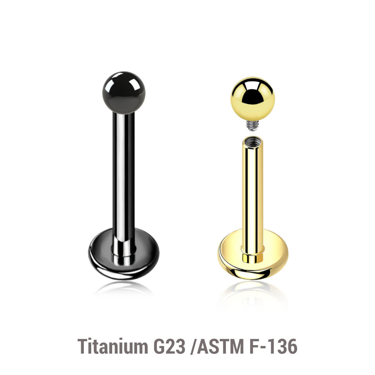 ULB12B25 Pack of 5 PVD plated titanium internally threaded labrets, Thickness 1.2mm, Ball size 2.5mm