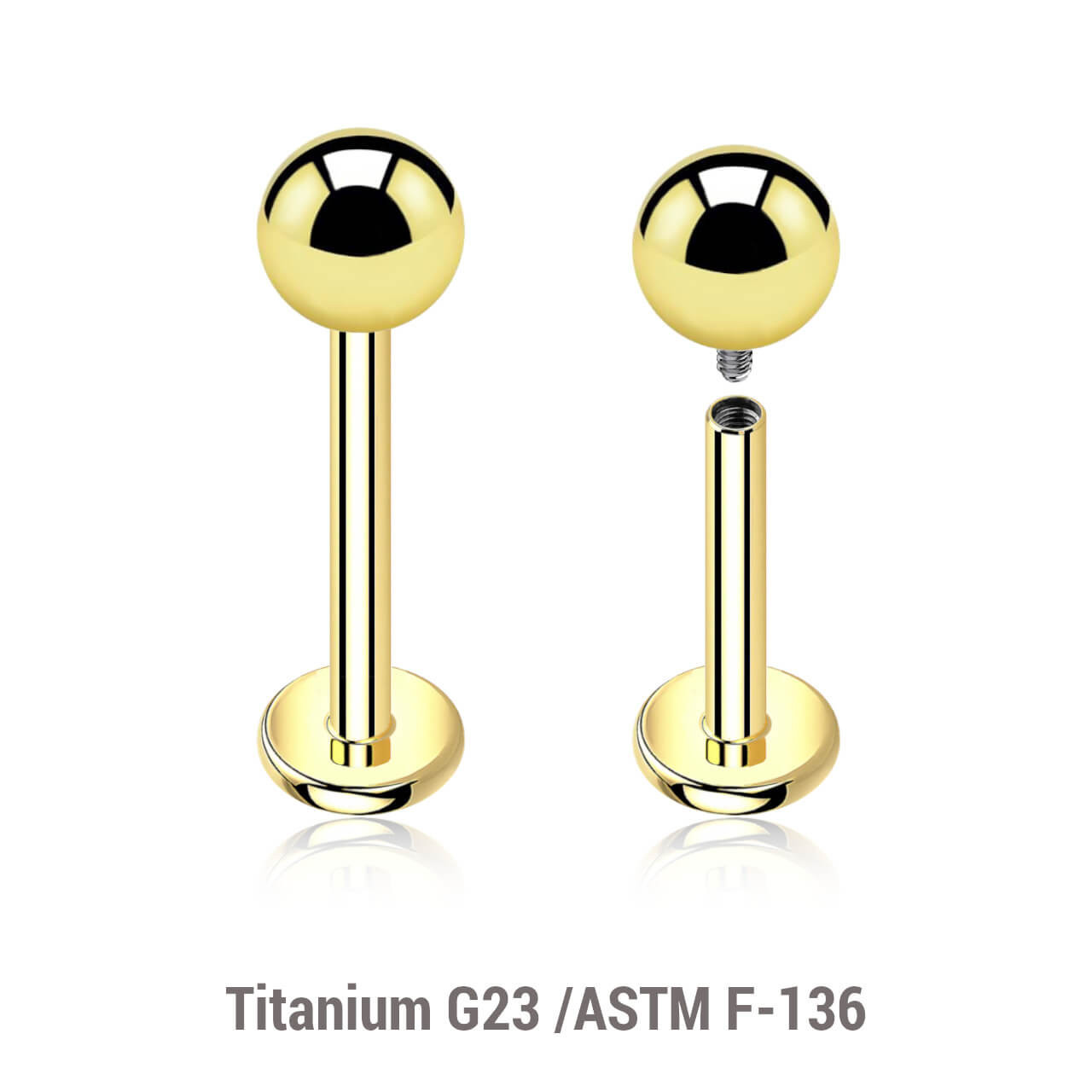 ULB12B4 Pack of 5 PVD plated titanium internally threaded labrets, Thickness 1.2mm, Ball size 4mm ULB12B4 Pack of 5 PVD plated titanium internally threaded labrets, Thickness 1.2mm, Ball size 4mm