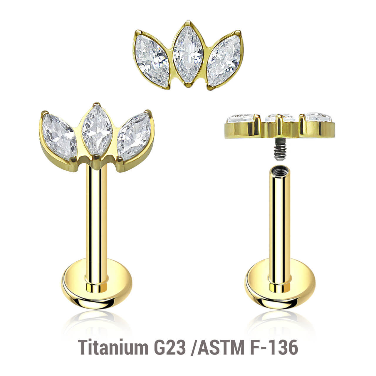 ULB12X03 Pack of 5 Gold PVD plated titanium internally threaded labrets, Thickness 1.2mm, with a top with 3 marquis cut prong set CZ stones