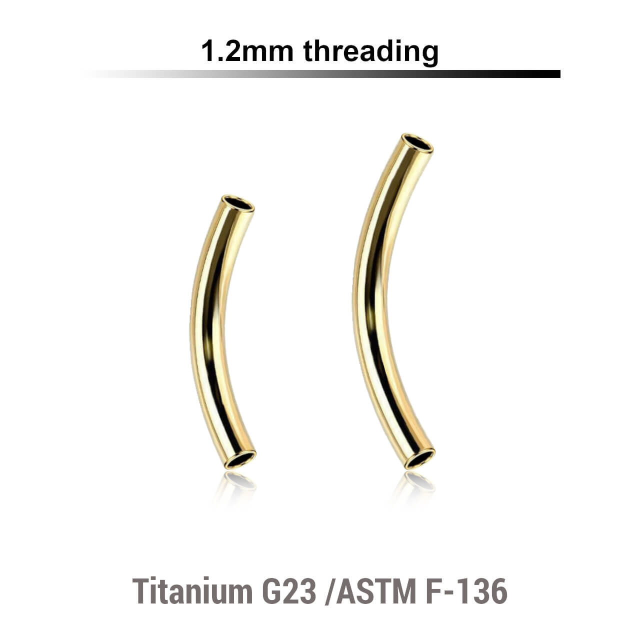 UYBN12N Pack of 5 internally threaded eyebrow banana posts in PVD plated titanium, thickness 1.2mm UYBN12N Pack of 5 internally threaded eyebrow banana posts in PVD plated titanium, thickness 1.2mm