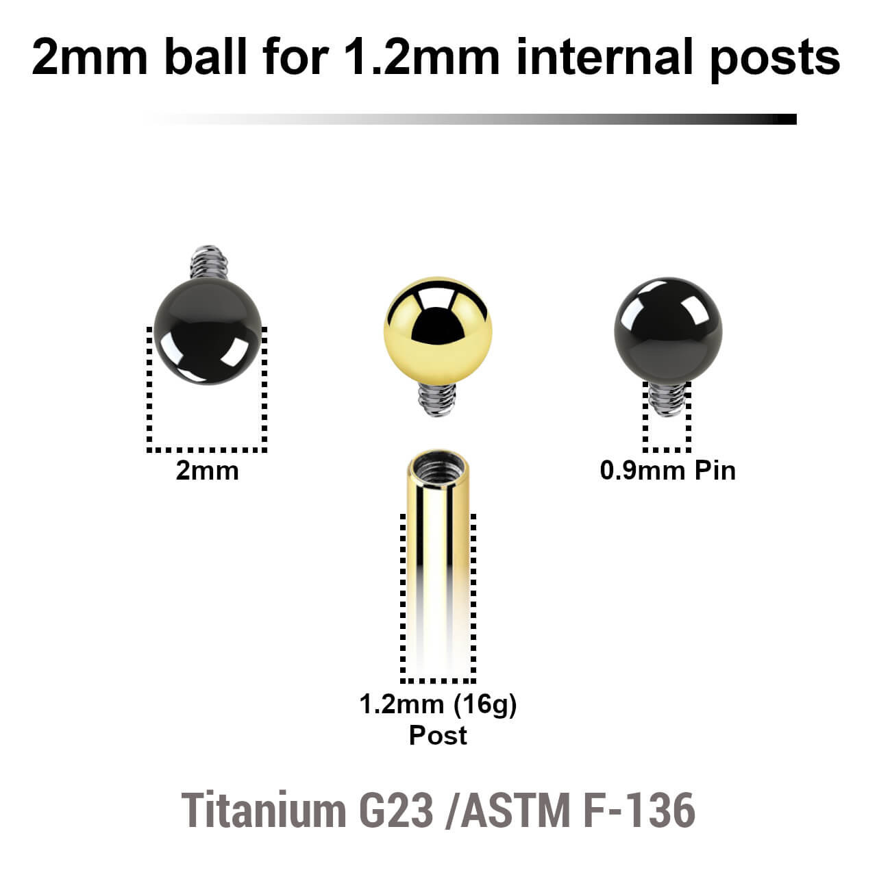 UYB12N2 Pack of 10 PVD plated titanium balls with 2mm diameter for 1.2mm internally threaded post