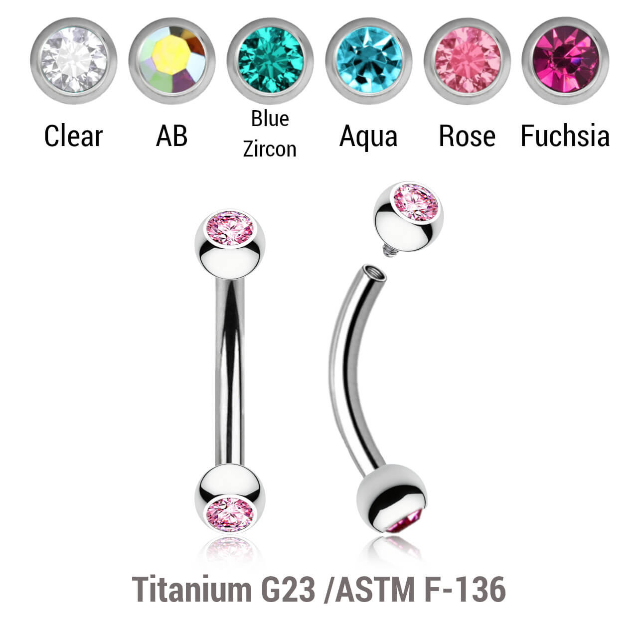 YBN12BJ3 Pack of 5 high polished titanium internally threaded eyebrow bananas, Thickness 1.2mm, with two 3mm bezel set crystal balls