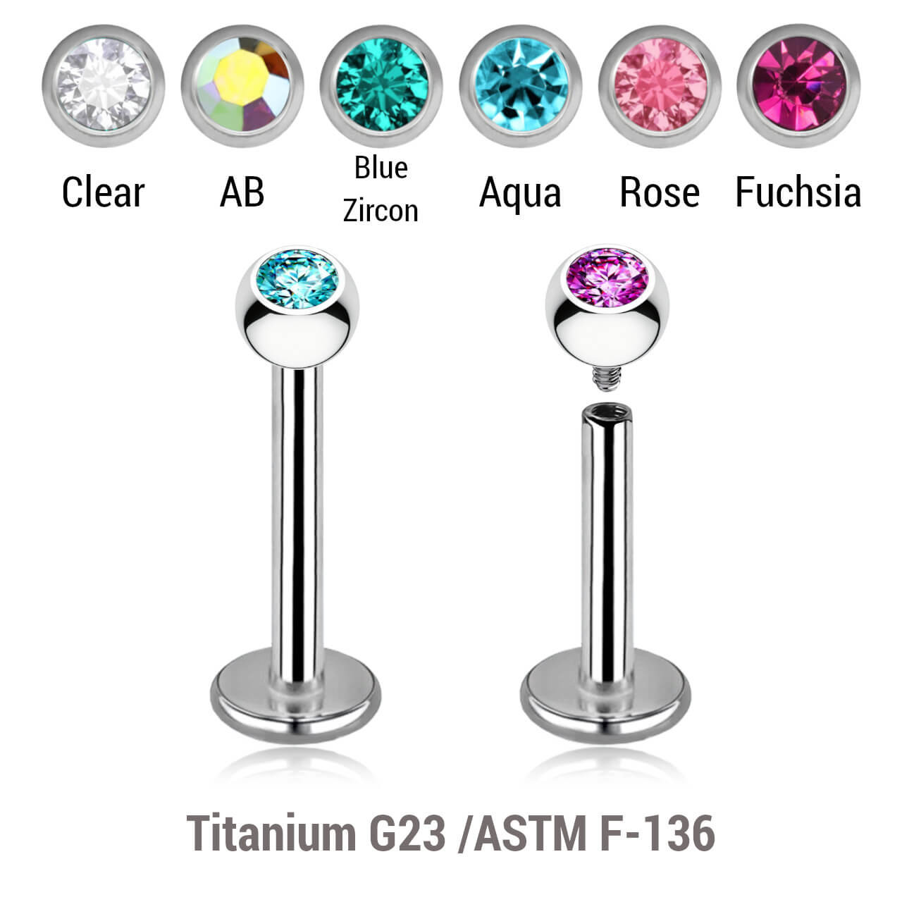 YLB12BJ3 Pack of 10 high polished titanium internally threaded labrets, Thickness 1.2mm, with 3mm bezel set crystal ball YLB12BJ3 Pack of 10 high polished titanium internally threaded labrets, Thickness 1.2mm, with 3mm bezel set crystal ball