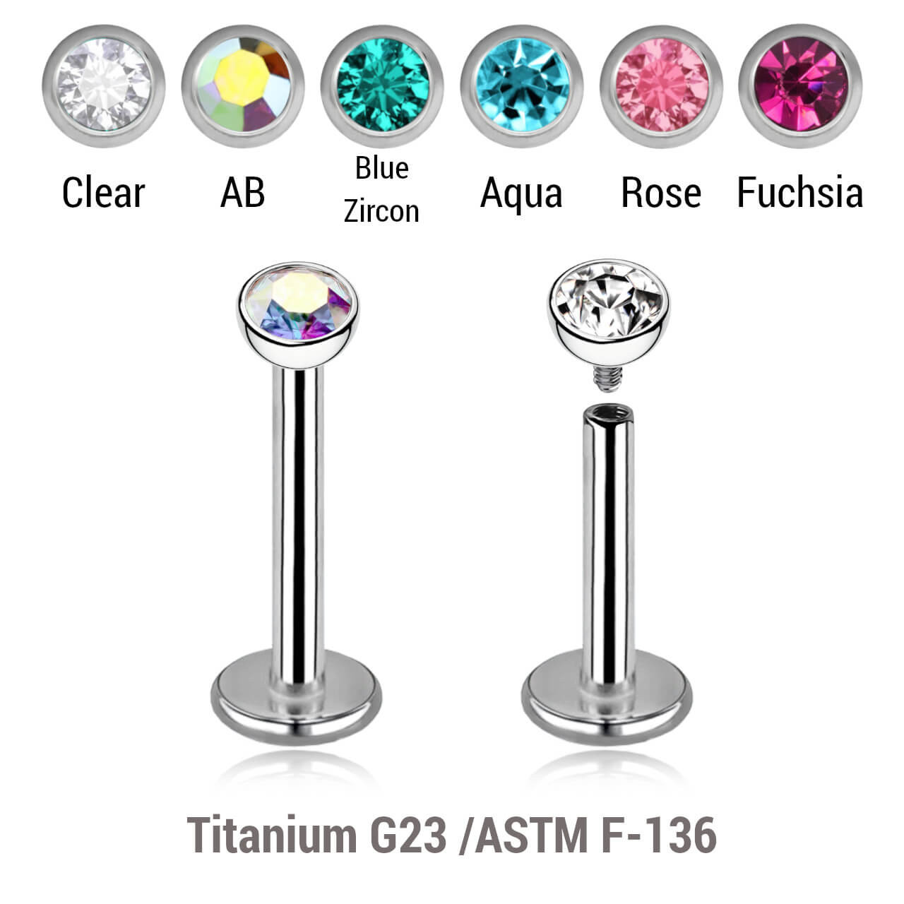 YLB12BJH Pack of 10 high polished titanium internally threaded labrets, Thickness 1.2mm, with a top 3mm half ball with a bezel set crystal