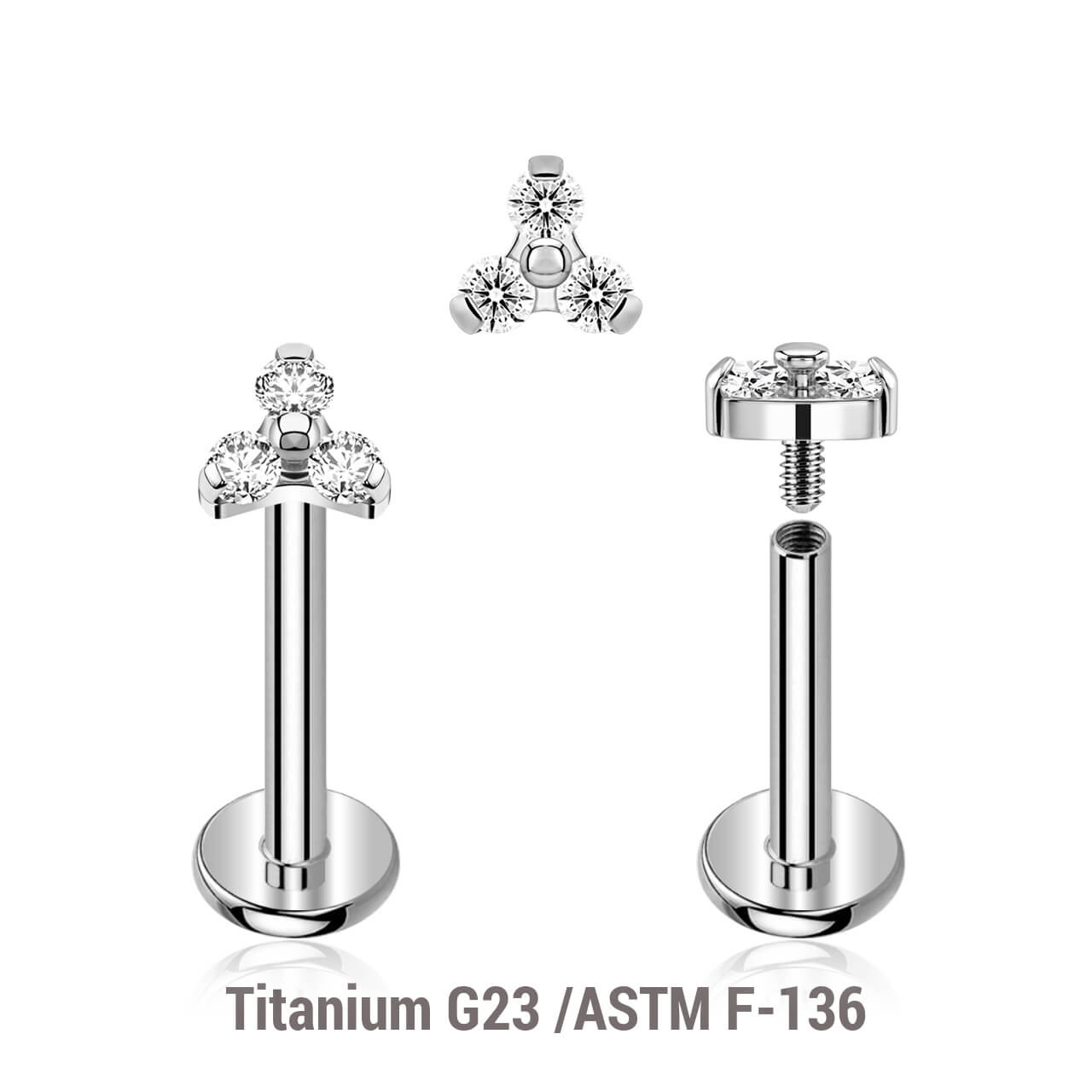 YLB12X09 Pack of 5 high polished titanium internally threaded labrets, Thickness 1.2mm, with a trinity top with three 1.5mm prong set CZ stones