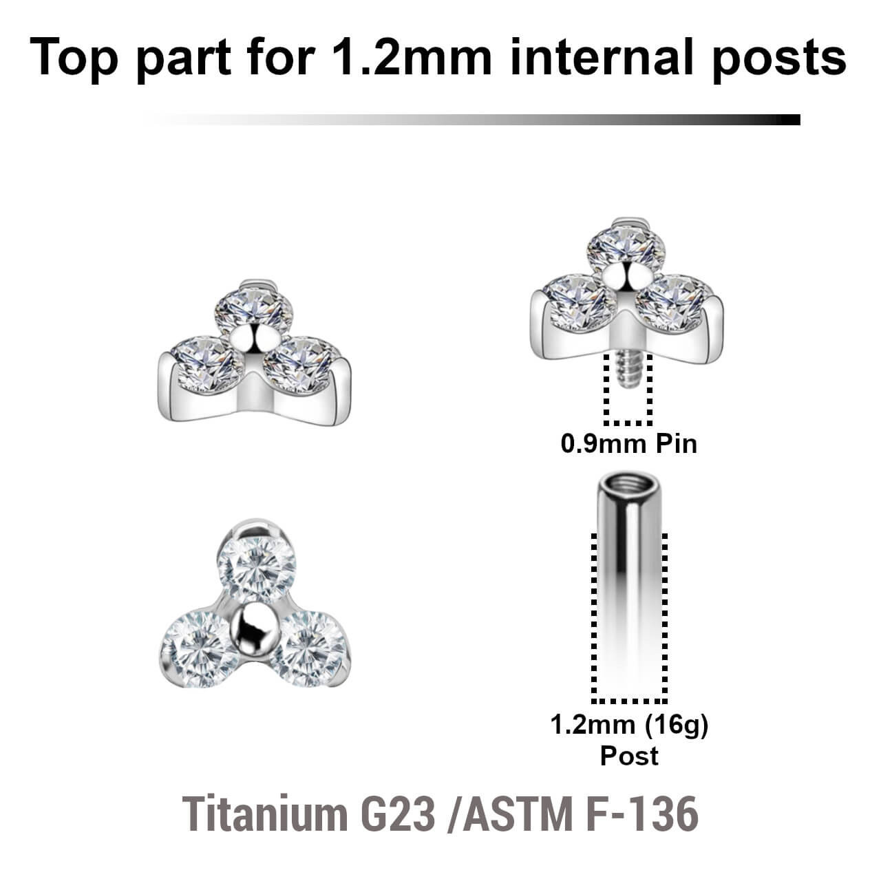 YTP12X09 Pack of 5 Titanium Internally threaded labret tops in trinity design with 3 round prong set 1.5mm CZ stones, Thread size 0.9mm YTP12X09 Pack of 5 Titanium Internally threaded labret tops in trinity design with 3 round prong set 1.5mm CZ stones, Thread size 0.9mm