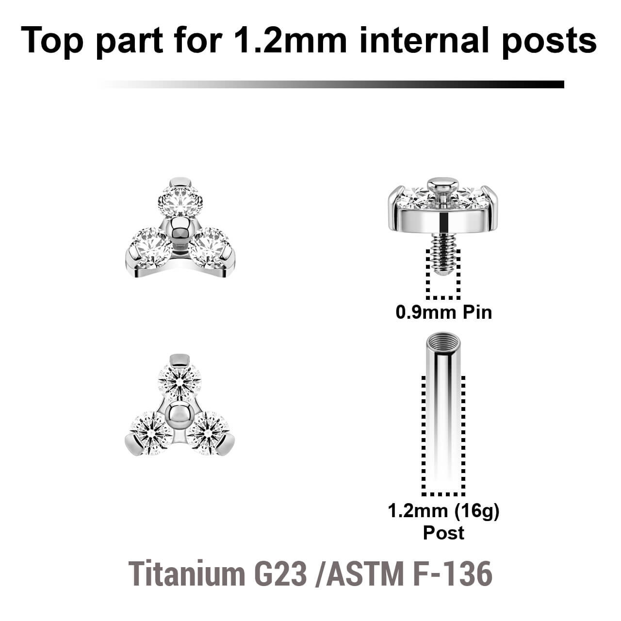 YTP12X09 Pack of 5 Titanium Internally threaded labret tops in trinity design with 3 round prong set 1.5mm CZ stones, Thread size 0.9mm
