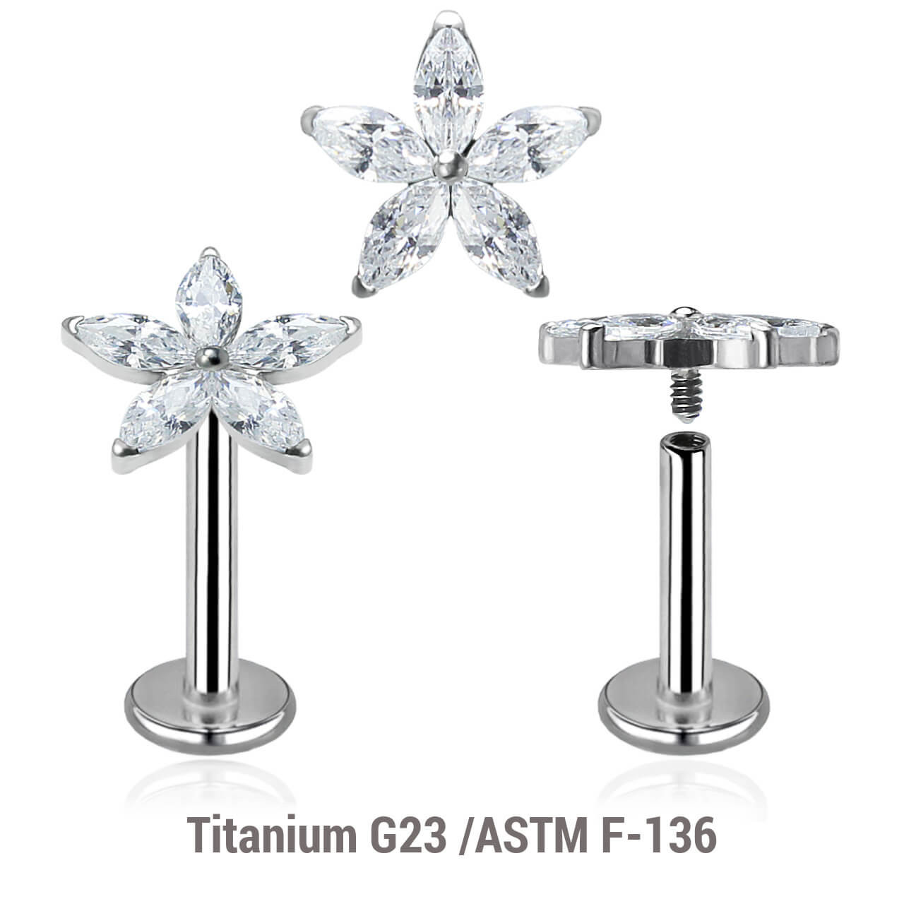 YLB12X11 Pack of 5 high polished titanium internally threaded labrets, Thickness 1.2mm, with a flower top with 5 CZ petals YLB12X11 Pack of 5 high polished titanium internally threaded labrets, Thickness 1.2mm, with a flower top with 5 CZ petals