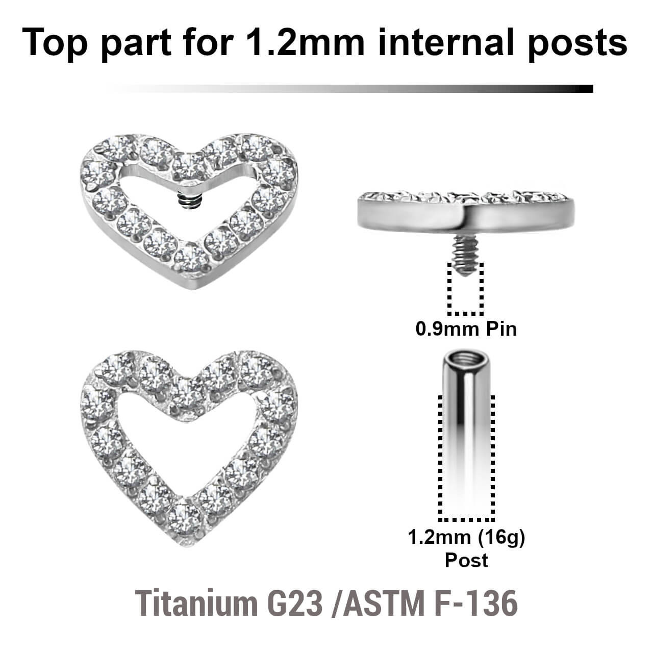 YTP12X12 Pack of 5 Titanium Internally threaded labret tops with heart shaped top, Thread size 0.9mm