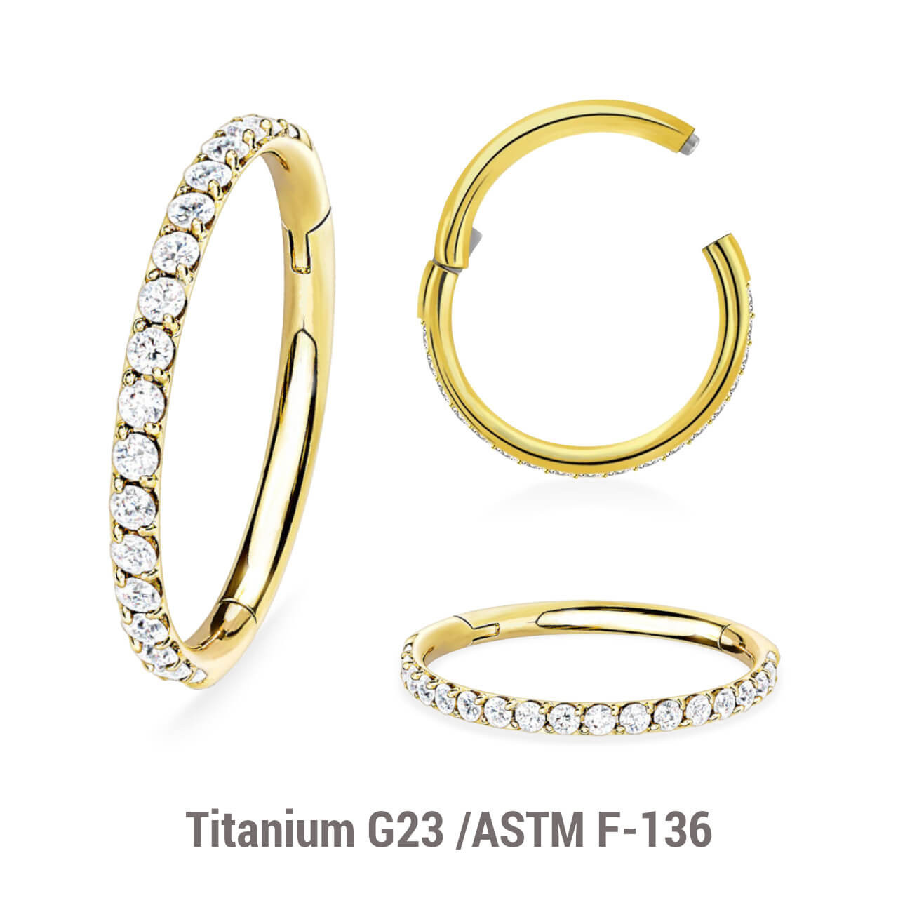 ESG12HCZA Wholesale Pack of 5 Gold PVD plated Titanium G23 hinged segment rings with outward facing prong set CZ on 3/4 of the circumference, Thickness 1.2mm