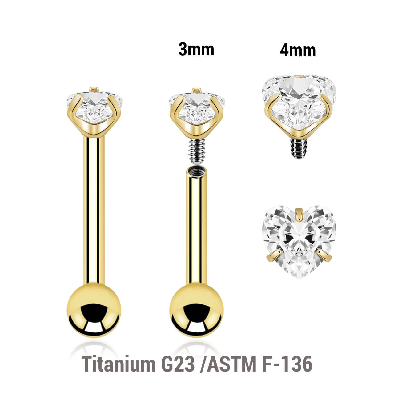 UBA12CZHS3 Pack of 5 Gold PVD plated titanium internally threaded barbells, Thickness 1.2mm, with a top prong set heart shaped CZ stone and a lower 3mm plain ball