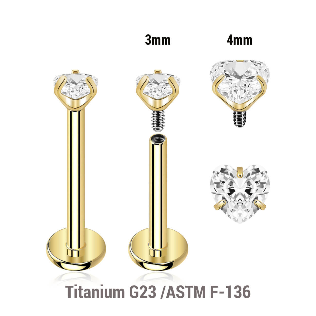 ULB12CZH Pack of 5 Gold PVD plated titanium internally threaded labrets, Thickness 1.2mm, with a top prong set heart shaped CZ stone