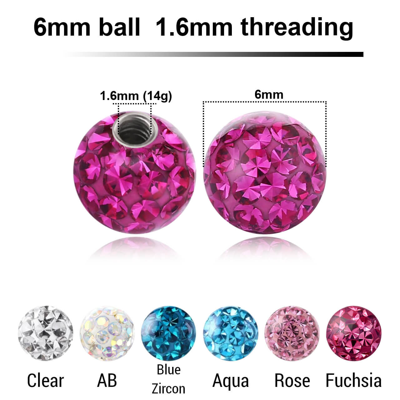 CYB16N6 Pack of 10 multi-crystal balls with 6mm diameter and epoxy resin cover and 316L steel 1.6mm threading