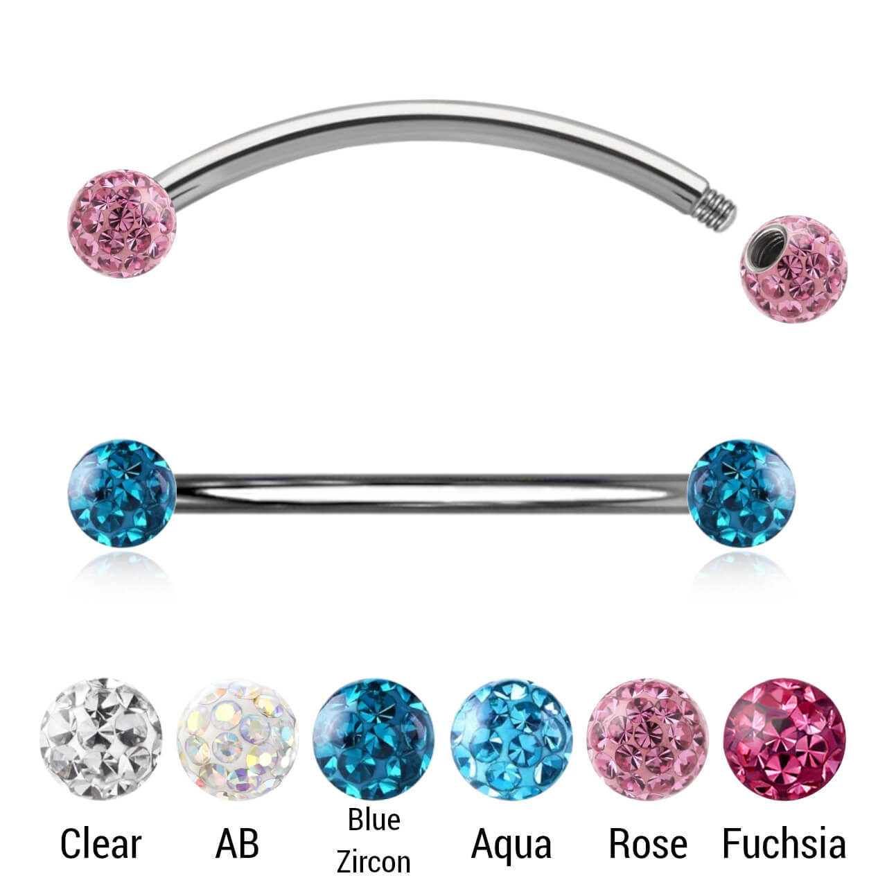 SBN16BF4 Pack of 5 surgical steel nipple bananas, Thickness 1.6mm, with 4mm multi-crystal balls with epoxy resin cover