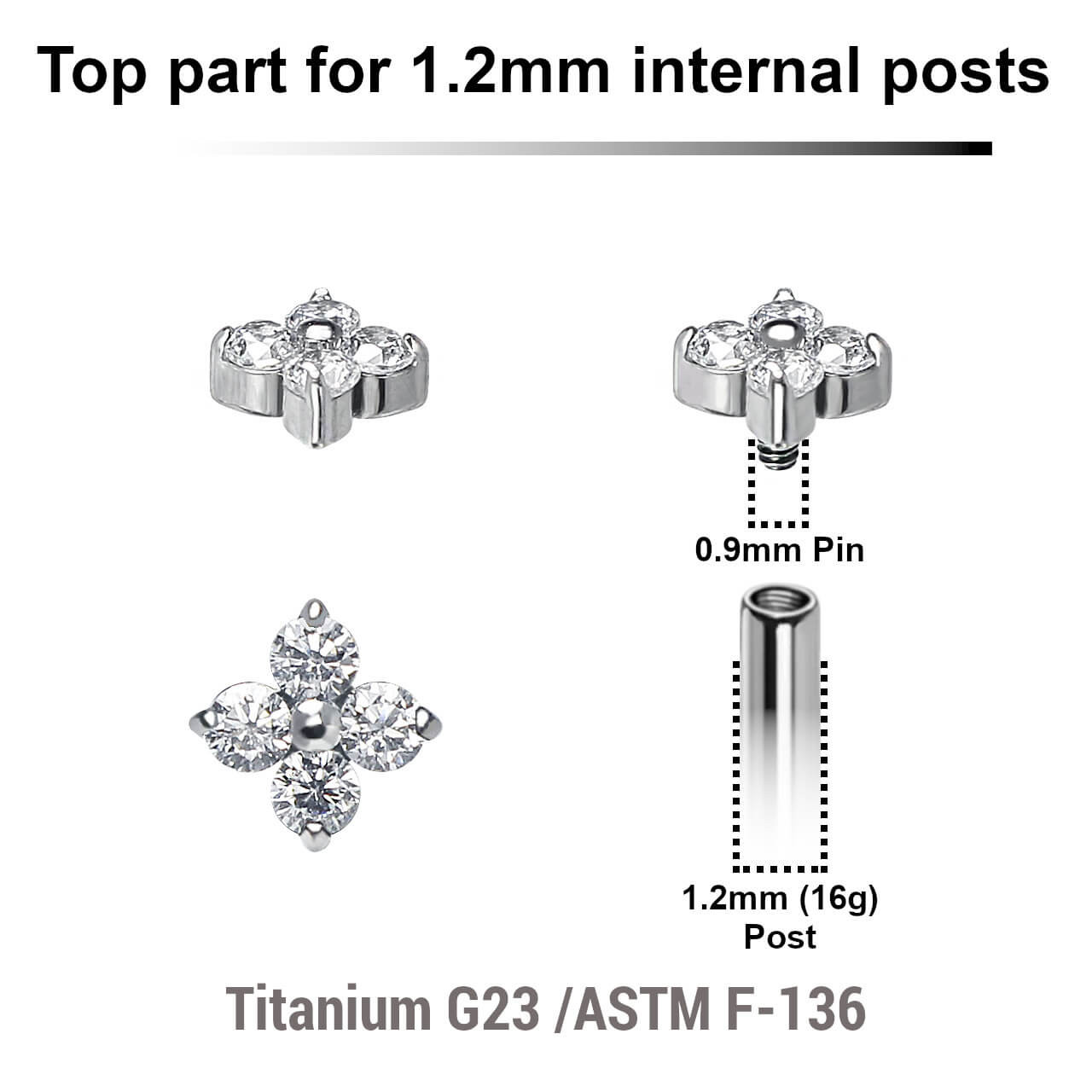 YTP12X10 Pack of 5 Titanium Internally threaded labret tops with 4 round prong set 2mm CZ stones, Thread size 0.9mm YTP12X10 Pack of 5 Titanium Internally threaded labret tops with 4 round prong set 2mm CZ stones, Thread size 0.9mm