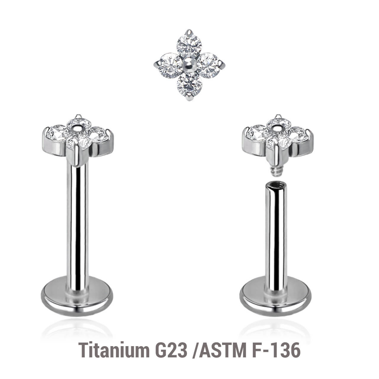 YLB12X10 Pack of 5 high polished titanium internally threaded labrets, Thickness 1.2mm, with quadruple 1.5mm prong set CZ top YLB12X10 Pack of 5 high polished titanium internally threaded labrets, Thickness 1.2mm, with quadruple 1.5mm prong set CZ top
