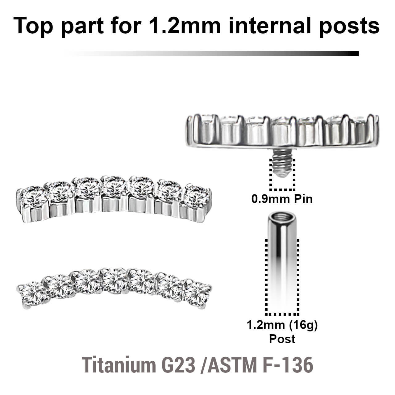 YTP12X13 Pack of 5 Titanium Internally threaded labret tops with elongated top with 7 prong set CZ stones, Thread size 0.9mm