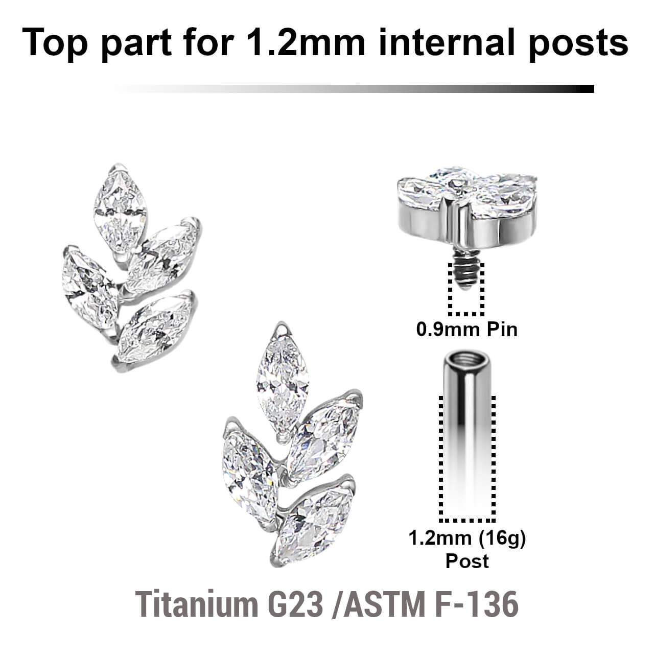 YTP12X14 Pack of 5 Titanium Internally threaded labret tops in leaf shape with 4 marquis cut prong set CZ stones, Thread size 0.9mm