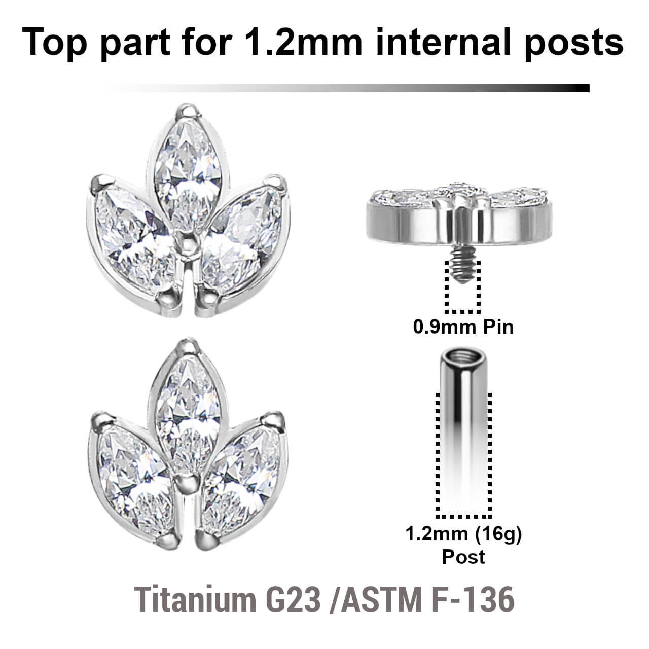 YTP12X15 Pack of 5 Titanium Internally threaded labret tops with leaf shaped top with 3 marquis cut prong set CZ stones, Thread size 0.9mm