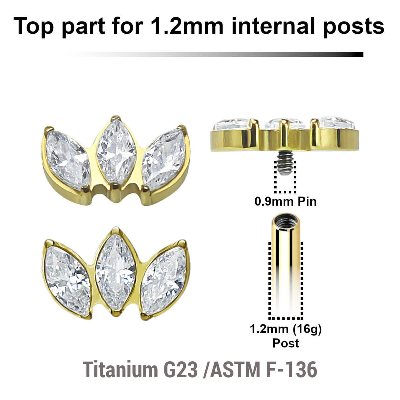 UTP12X03 Pack of 5 Gold PVD plated Titanium G23 Internally threaded labret tops with 3 marquis cut prong set CZ stones, Thread size 0.9mm