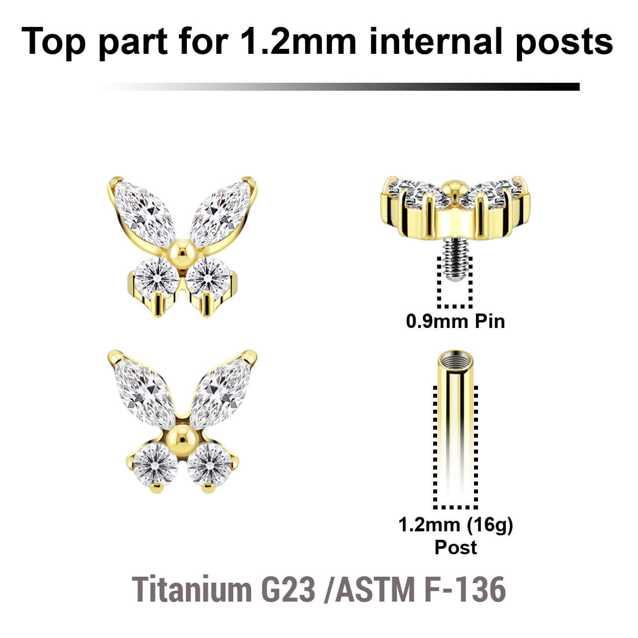UTP12X04 Pack of 5 Gold PVD plated Titanium G23 Internally threaded labret tops in butterfly shape with prong set CZ stones, Thread size 0.9mm