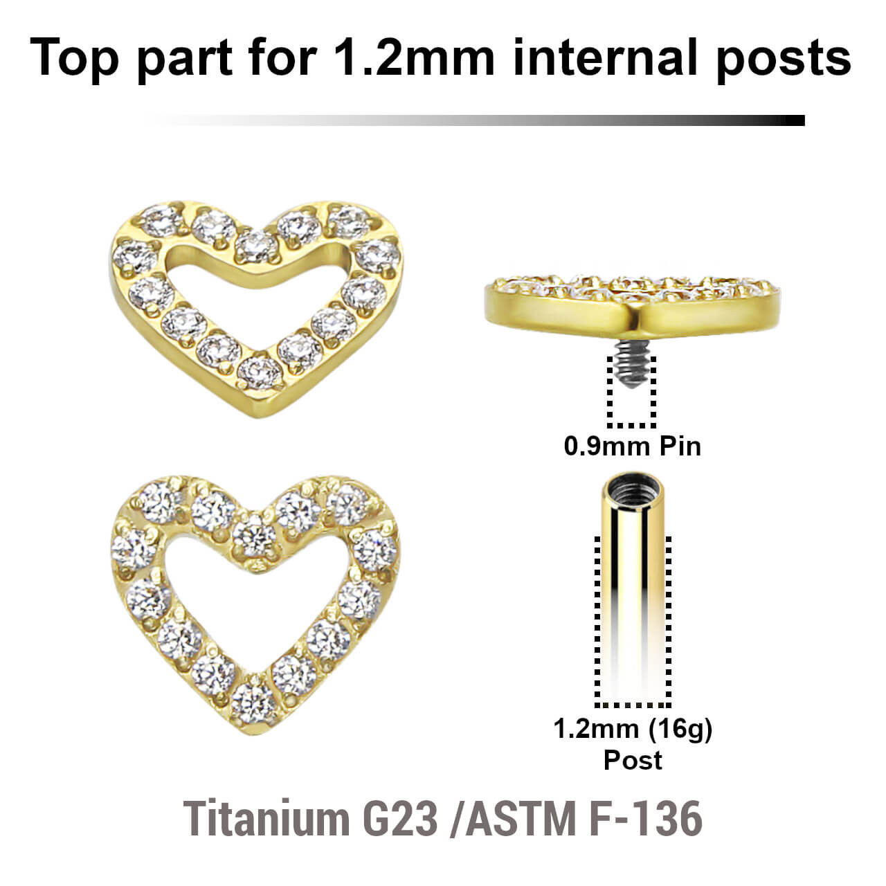 UTP12X12 Pack of 5 Gold PVD plated Titanium G23 Internally threaded labret tops with a CZ studded heart design, Thread size 0.9mm