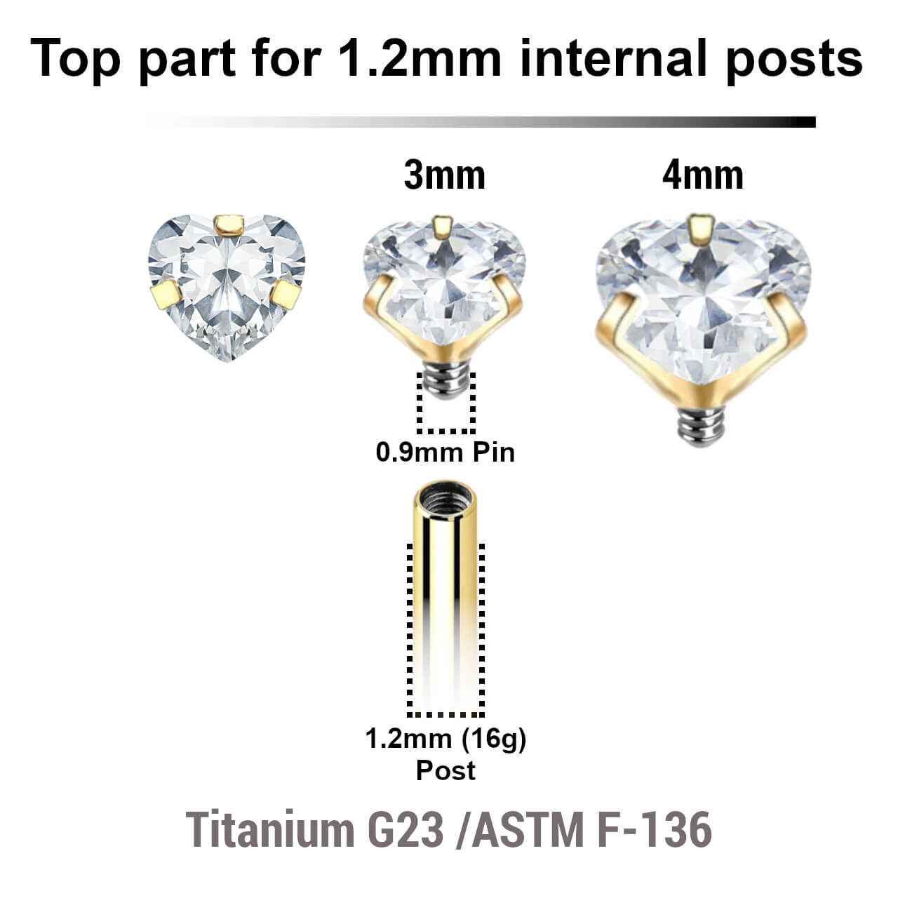 UTP12CZH Pack of 10 Gold PVD plated titanium 3mm heart shaped prong set CZ attachments for 1.2mm internally threaded items, Thread size 0.9mm