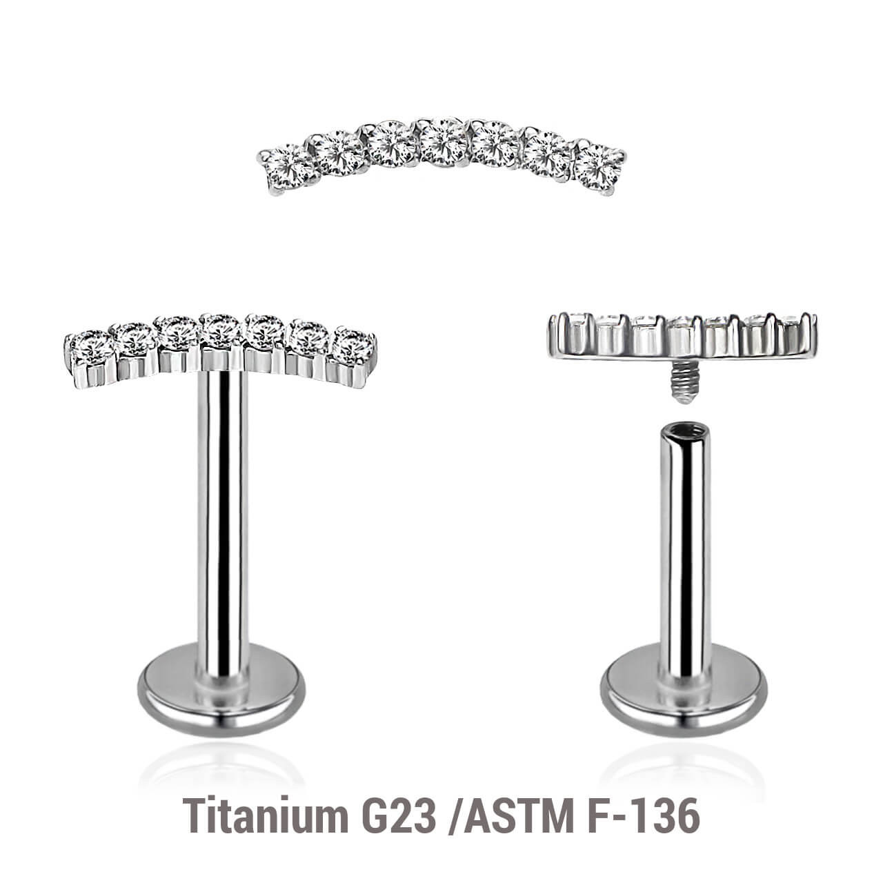 YLB12X13 Pack of 5 high polished titanium internally threaded labrets, Thickness 1.2mm, with a CZ studded curved top YLB12X13 Pack of 5 high polished titanium internally threaded labrets, Thickness 1.2mm, with a CZ studded curved top